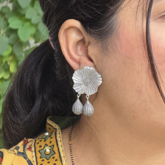 Naari Jewels Flower Bloom Oxidised German Silver Earrings | Floral Statement Drop Brass Earrings for Women