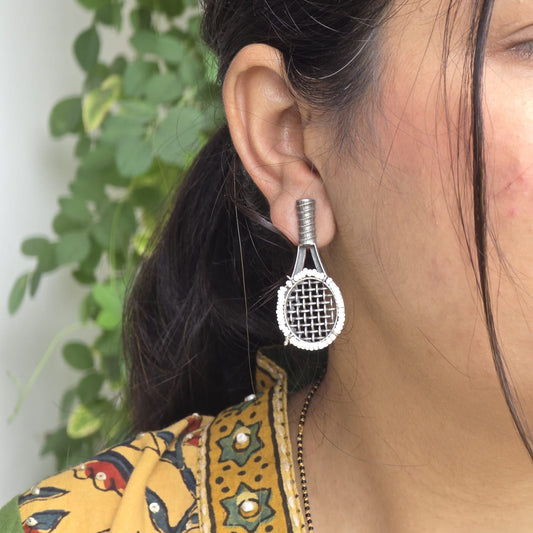 Naari Jewels Oxidized German Silver Tennis Racket Brass Earrings for Women | Unique Sports-Inspired Statement Earrings | Ethnic Boho Fashion Jewellery