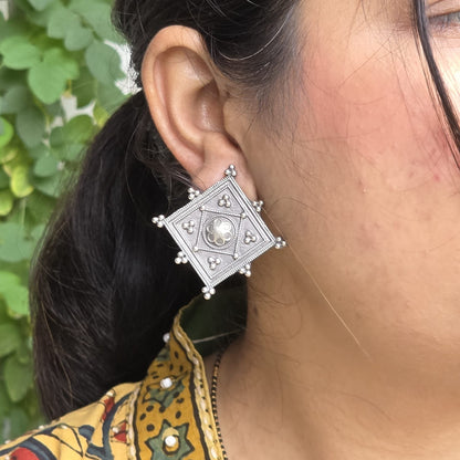Naari Jewels Heritage Square German Silver Brass Earrings | Oxidised Traditional Studs for Women