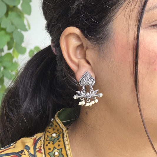 Naari Jewels Peacock-Inspired Oxidised German Silver Earrings with Pearls | Ethnic Statement Brass Earrings for Women