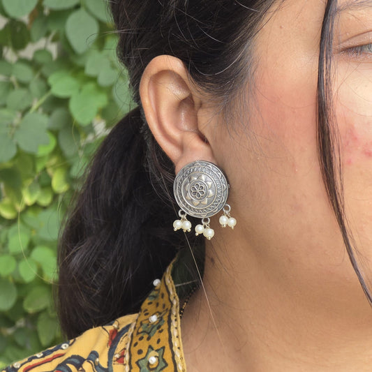 Naari Jewels Oxidized Floral Medallion Pearl Drop Stud Brass Earrings | German Silver Handcrafted Boho Ethnic Jewelry