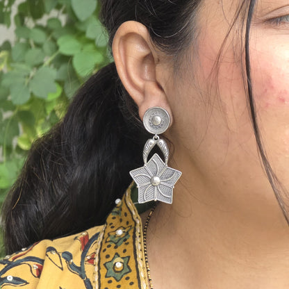 Naari Jewels Oxidised Brass & German Silver Star Flower Earrings for Women | Antique Silver Floral Statement Drop Earrings | Ethnic Boho Jewellery