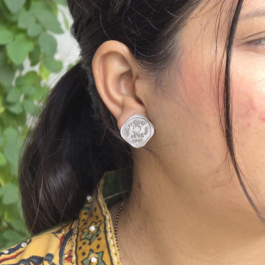 Naari Jewels Vintage 1962 5 Naye Paise Coin Stud Earrings | German Silver Retro Ethnic Statement Jewelry for Women