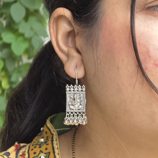 Naari Jewels Ganesha German Silver Brass Hanging Earrings for Women | Oxidised Dangle Earrings