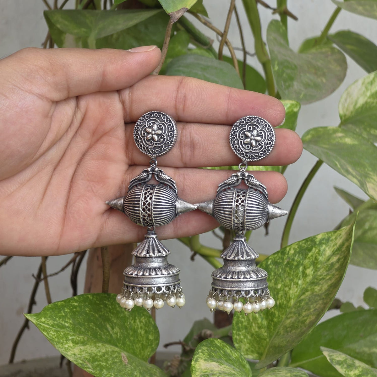 Naari Jewels Aavika Geometric Dome Statement Jhumka Earrings For Women | German Silver Long Drop Jewelry