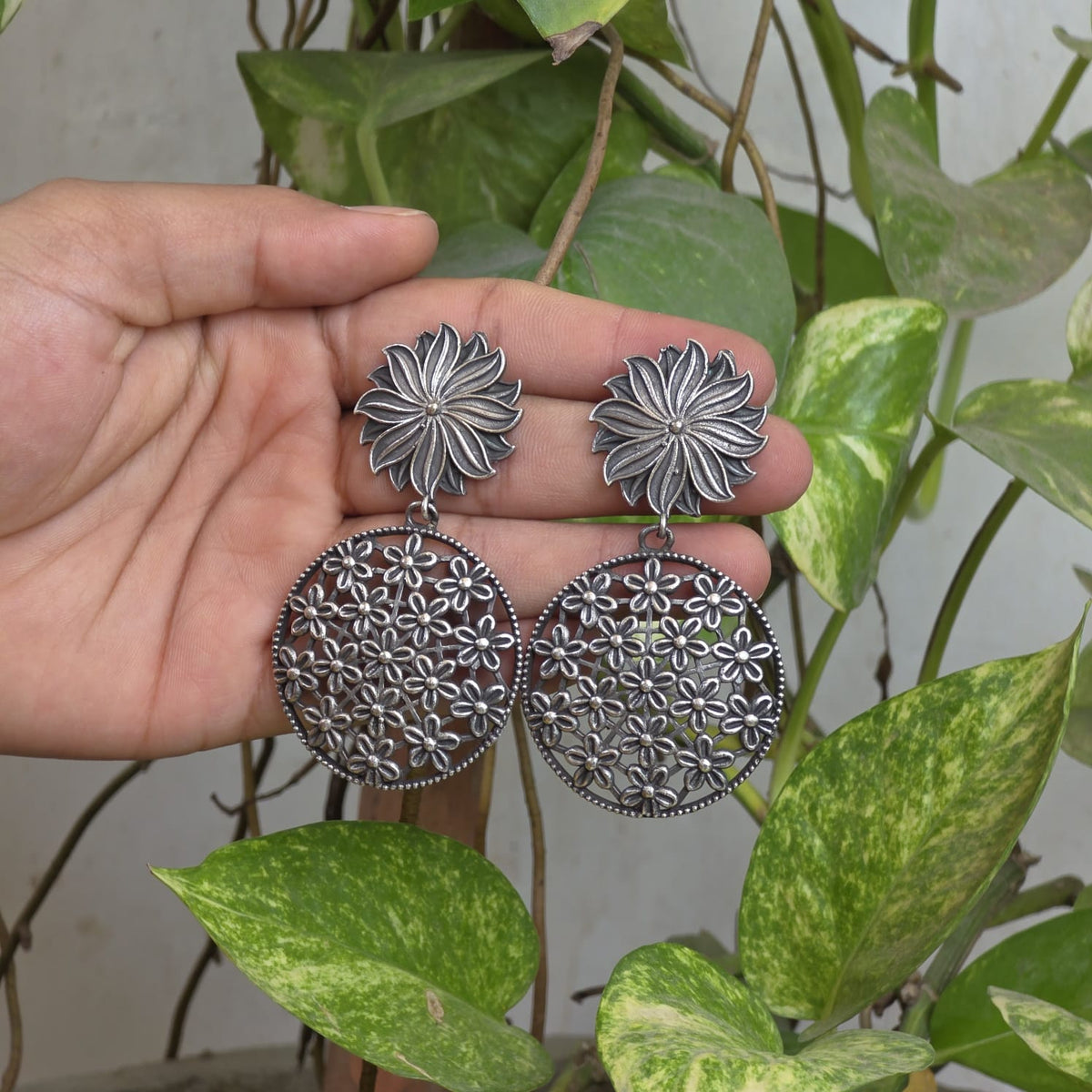 Naari Jewels Gulnaar Floral Filigree Long Drop Earrings | German Silver Statement Wedding Collection Jewelry For Women