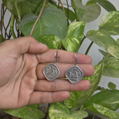 Naari Jewels Panchika 5 Paise 1962 Vintage Coin Inspired Dangle Earrings | German Silver Unque Trendy Jewelry For Women