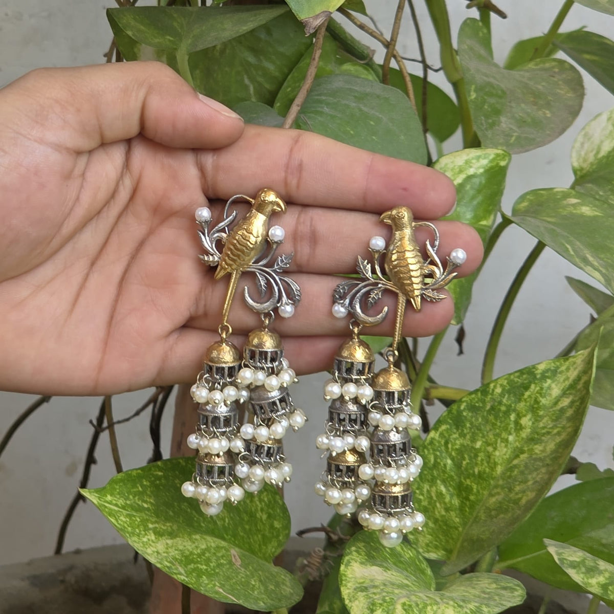 Naari Jewels Aarika Bird Cascade Earrings | German Silver Jhumka Style Drop Jewelry For Women