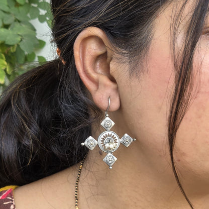 Naari Jewels Veyra Mandala Geometric Drop Dangle Earrings For Women | Classic German Silver Trendy Jewelry