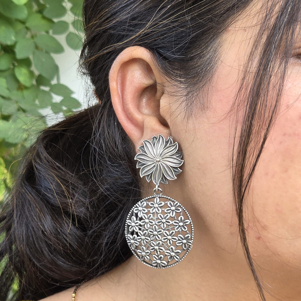 Naari Jewels Gulnaar Floral Filigree Long Drop Earrings | German Silver Statement Wedding Collection Jewelry For Women