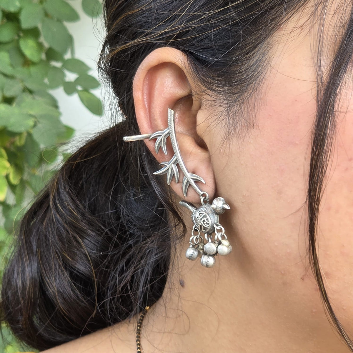 Naari Jewels Pankhuri Bird & Bell Drop Ear Cuff Earrings | German Silver Statement Jewerlry For Women