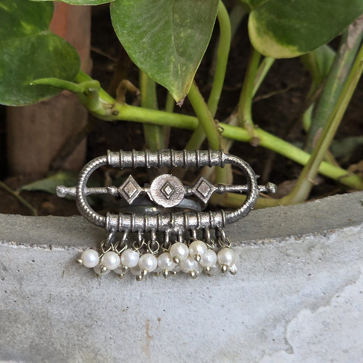 Naari Jewels Avni Geomatric Pearl Dangler Ring For Women | German Silver Ethnic Jewelry For Festive