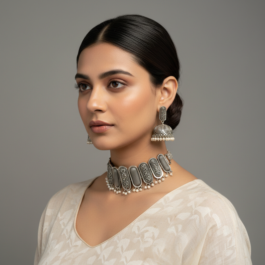 Naari Jewels German Silver Nandini Choker Necklace Set with Pearl Drop Jhumka Earrings For Women