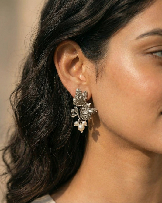 Naari Jewels Oxidized German Silver Dwi Paksha Pearl Earrings