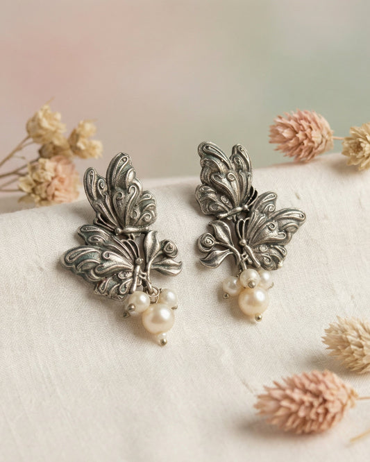 Naari Jewels Oxidized German Silver Dwi Paksha Pearl Earrings