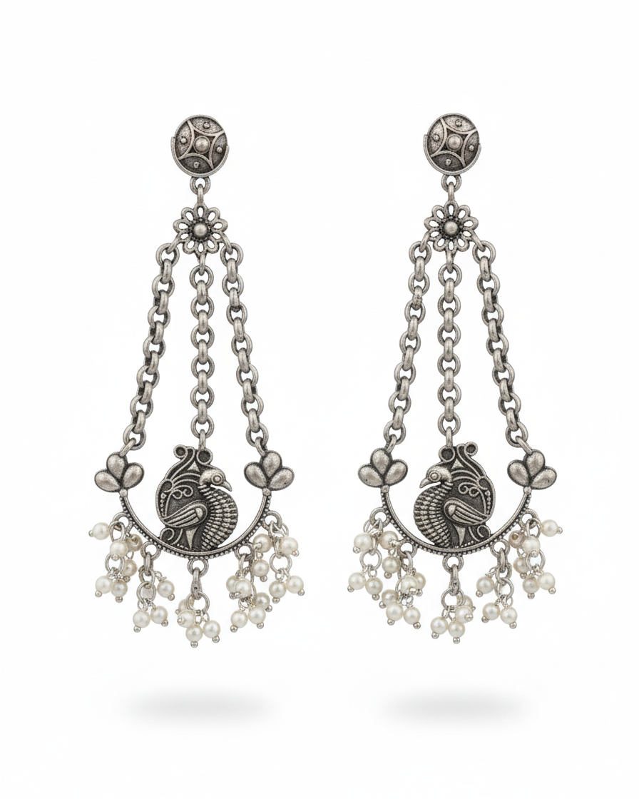 Naari Jewels Oxidized German Silver Triveni Mor Pearl Chandbali Chain Earrings