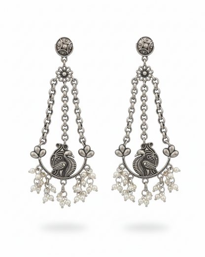 Naari Jewels Oxidized German Silver Triveni Mor Pearl Chandbali Chain Earrings