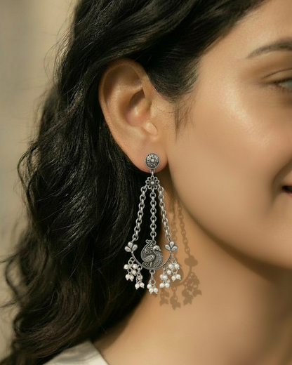 Naari Jewels Oxidized German Silver Triveni Mor Pearl Chandbali Chain Earrings