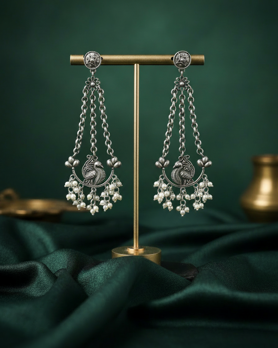 Naari Jewels Oxidized German Silver Triveni Mor Pearl Chandbali Chain Earrings
