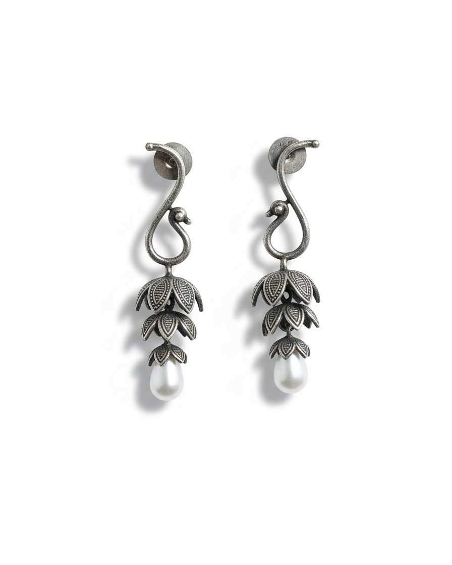 Naari Jewels Oxidized German Silver Peacock Floral 3-Layer Jhumka with Pearl Drops Earring