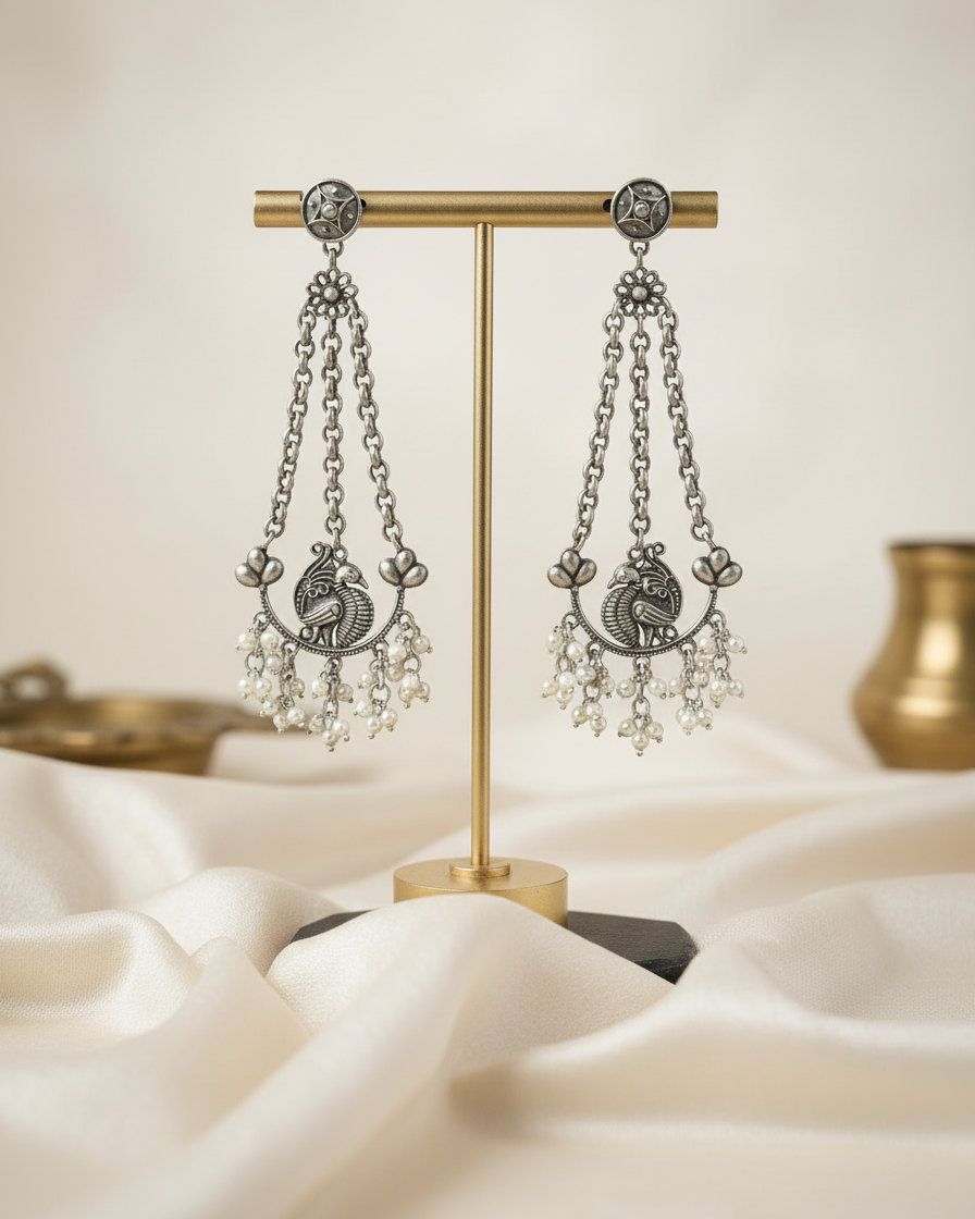 Naari Jewels Oxidized German Silver Triveni Mor Pearl Chandbali Chain Earrings