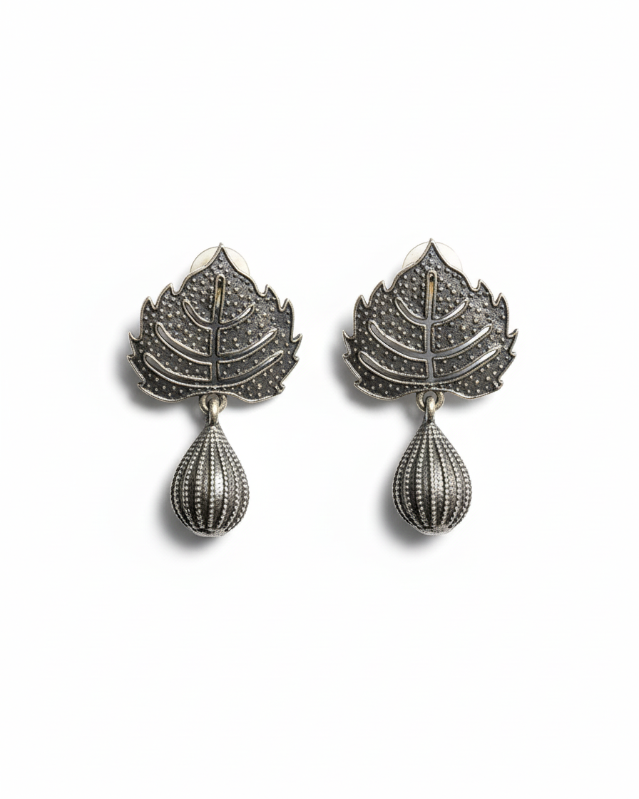 Naari Jewels Oxidized German Silver Vriksha Peepal Leaf Bead Drop Earrings