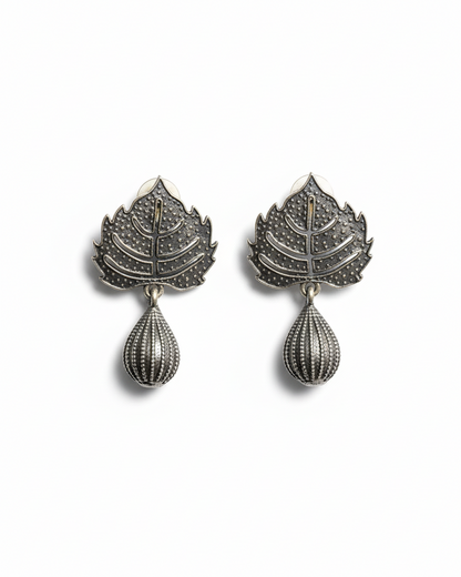 Naari Jewels Oxidized German Silver Vriksha Peepal Leaf Bead Drop Earrings