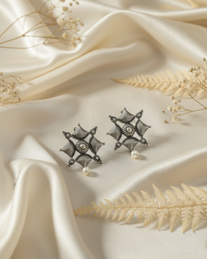 Naari Jewels Oxidized German Silver Viraasat Square Mandala Pearl Drop Earrings