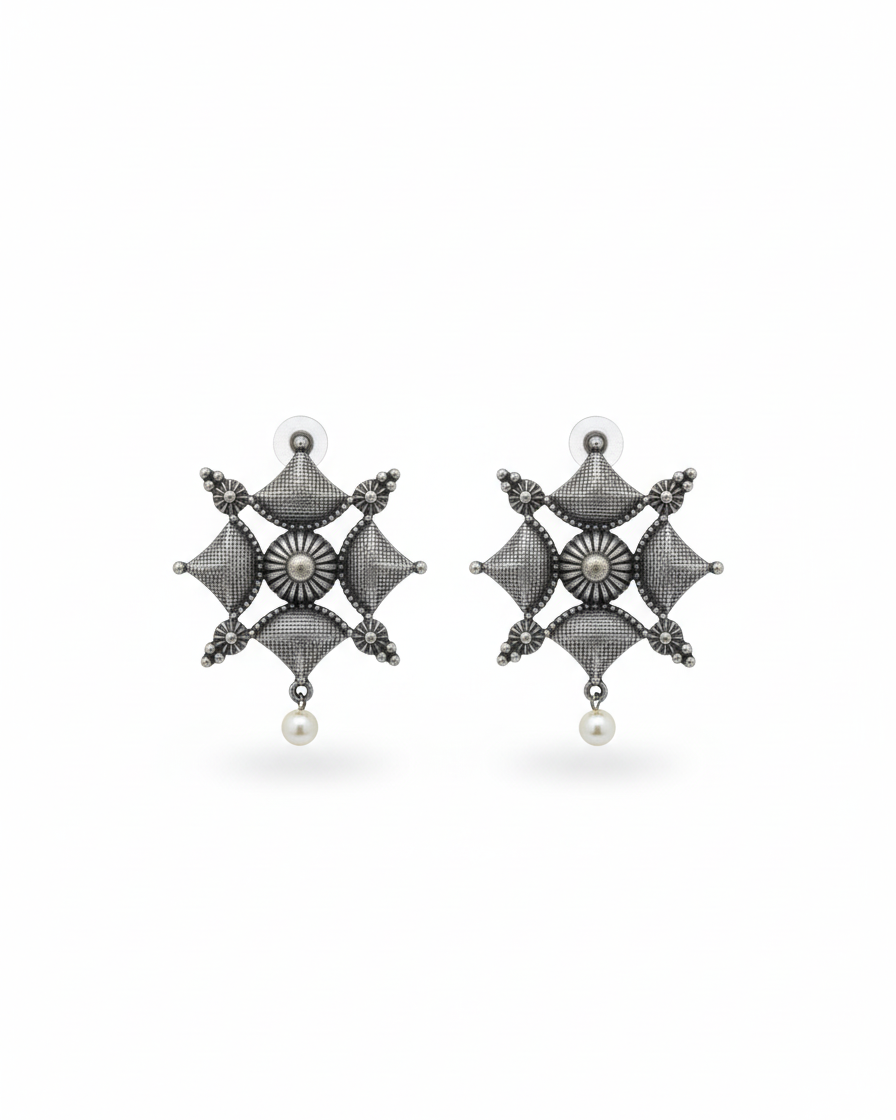 Naari Jewels Oxidized German Silver Viraasat Square Mandala Pearl Drop Earrings