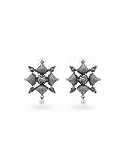 Naari Jewels Oxidized German Silver Viraasat Square Mandala Pearl Drop Earrings