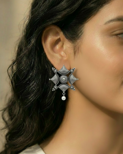 Naari Jewels Oxidized German Silver Viraasat Square Mandala Pearl Drop Earrings