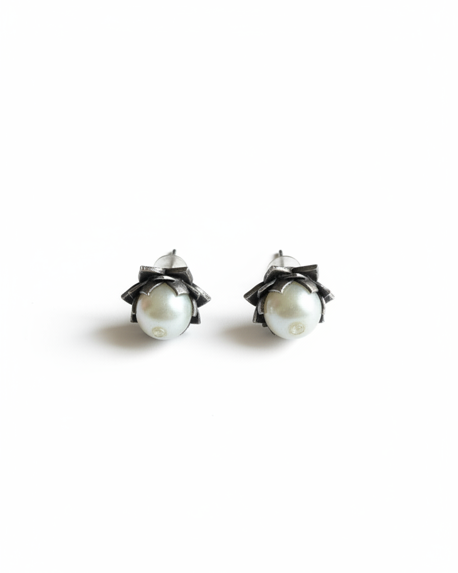 Naari Jewels Oxidized German Silver Classic Charm Pearl Studs Earrings