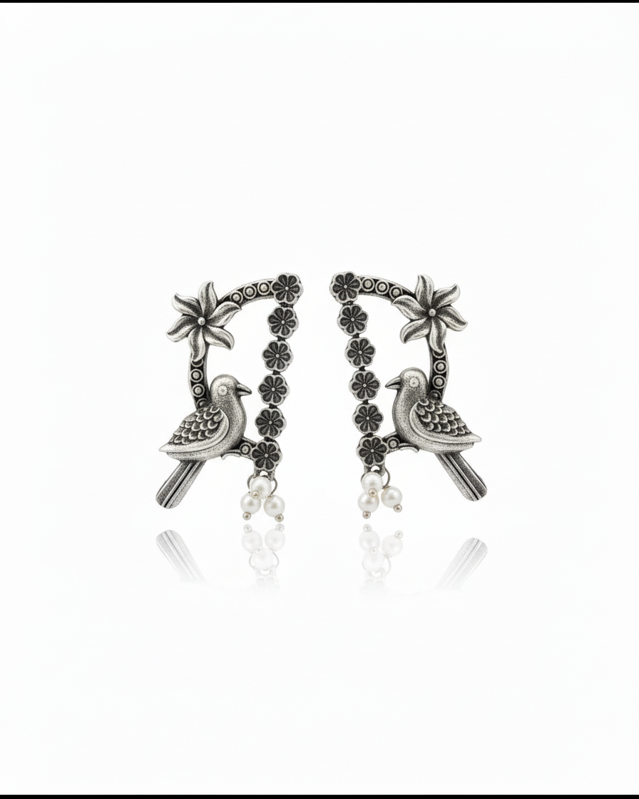 Naari Jewels Oxidized German Silver Nisarga Bird Arch Earrings
