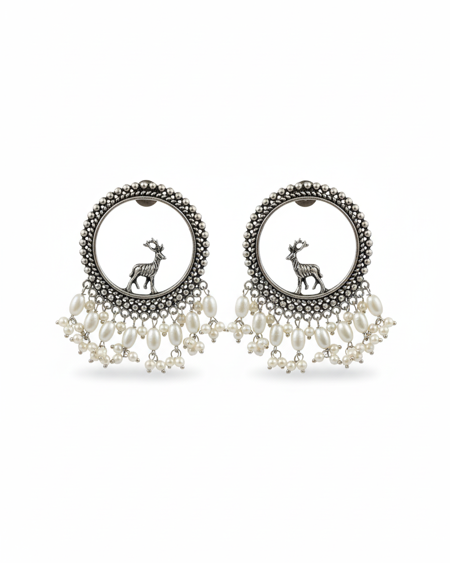Naari Jewels Oxidized German Silver Deer Mriga Circle Beads Drops Brass Earrings | Ethnic Boho Statement Jewellery for Women