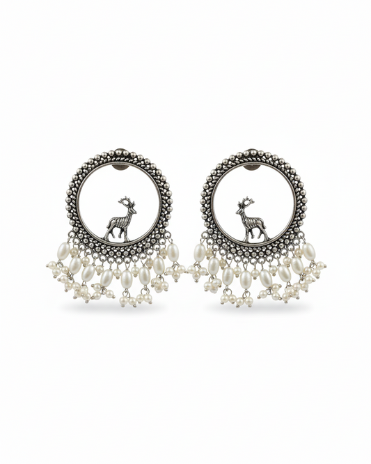 Naari Jewels Oxidized German Silver Deer Mriga Circle Beads Drops Earrings | Ethnic Boho Statement Jewellery for Women