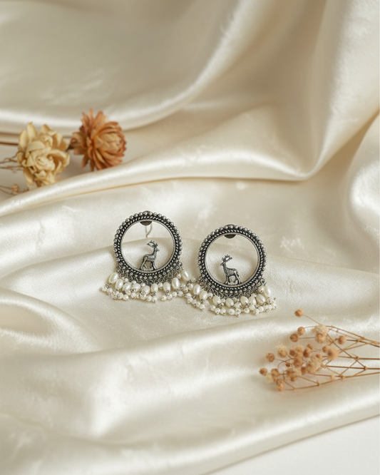 Naari Jewels Oxidized German Silver Deer Mriga Circle Beads Drops Earrings | Ethnic Boho Statement Jewellery for Women