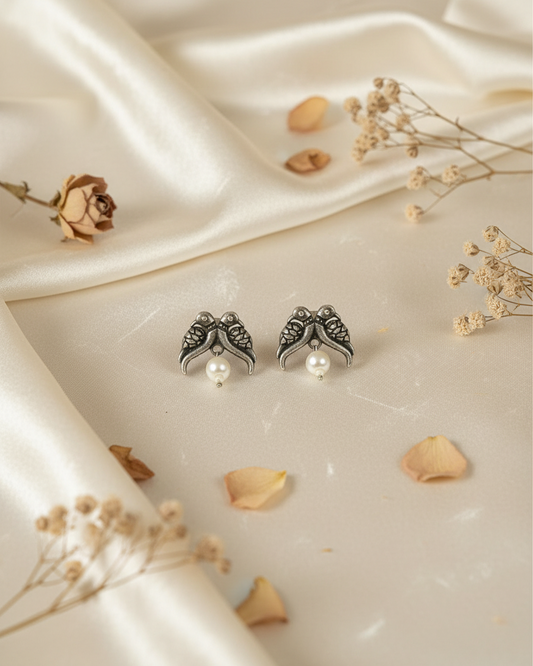 Naari Jewels Oxidized German Silver Twin Bird Pearl Drop Earrings for Women