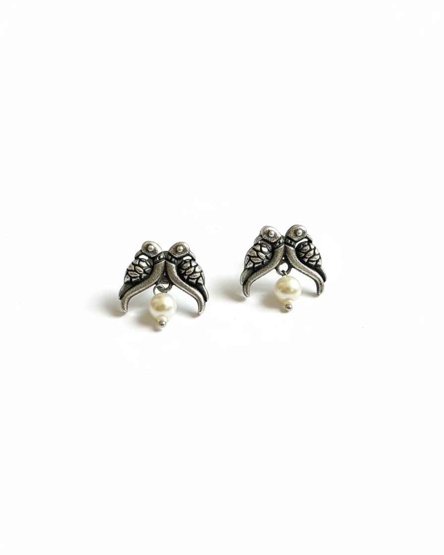 Naari Jewels Oxidized German Silver Twin Bird Pearl Drop Brass Earrings for Women