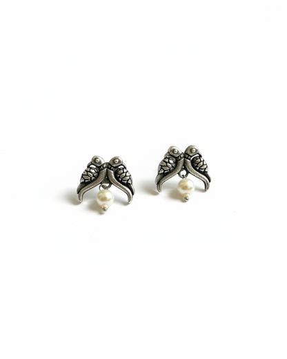 Naari Jewels Oxidized German Silver Twin Bird Pearl Drop Brass Earrings for Women