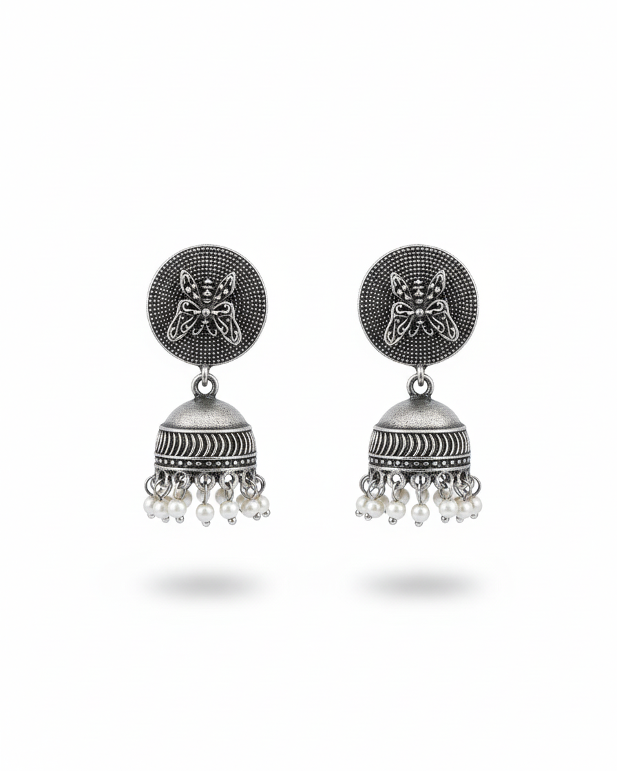 Naari Jewels Oxidized German Silver Butterfly Disc Jhumka Brass Earrings with Pearl Drops for Women