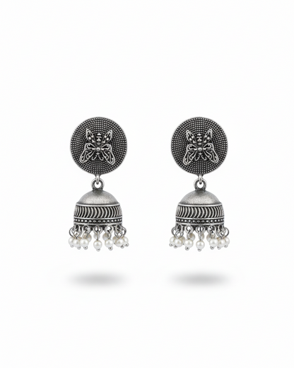 Naari Jewels Oxidized German Silver Butterfly Disc Jhumka Brass Earrings with Pearl Drops for Women