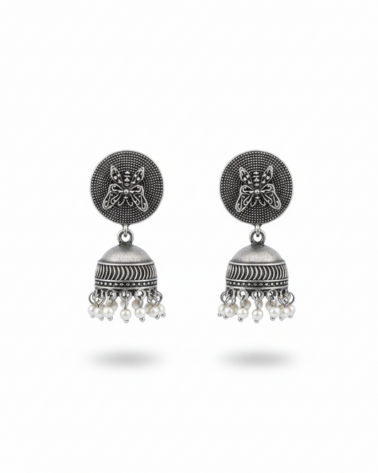 Naari Jewels Oxidized German Silver Butterfly Disc Jhumka Earrings with Pearl Drops for Women