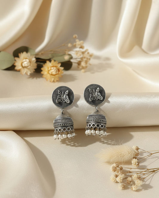 Naari Jewels Oxidized German Silver Butterfly Disc Jhumka Earrings with Pearl Drops for Women