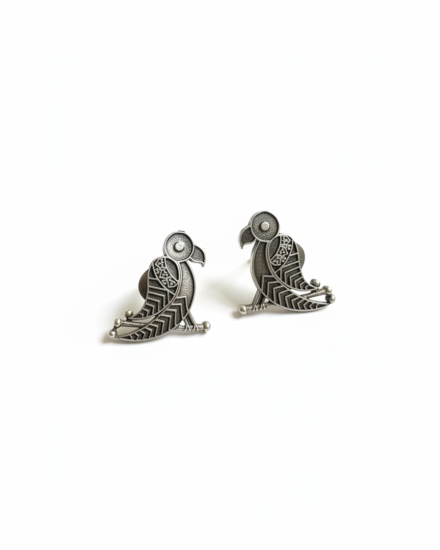 Naari Jewels Oxidized German Silver Parrot Design Stud Bird Earrings for Women