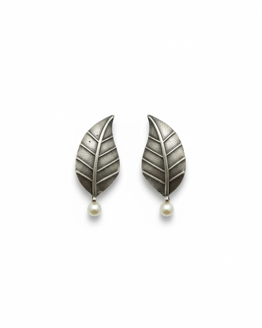 Naari Jewels Oxidized German Silver Leaf Earrings with Pearl Drop | Elegant Ethnic & Indo-Western Jewelry for Women
