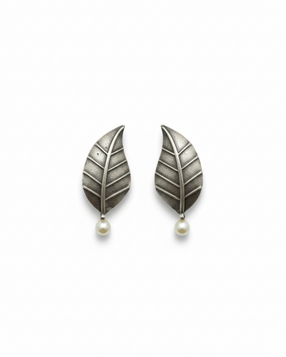 Naari Jewels Oxidized German Silver Leaf Earrings with Pearl Drop | Elegant Ethnic & Indo-Western Jewelry for Women