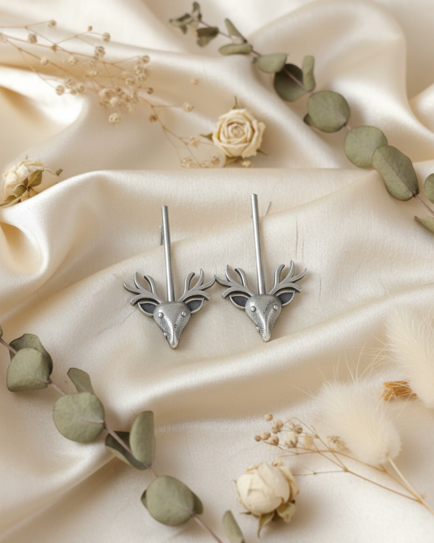 Naari Jewels Oxidized German Silver Deer Head Drop Earrings | Trendy Minimal Ethnic Jewelry for Women