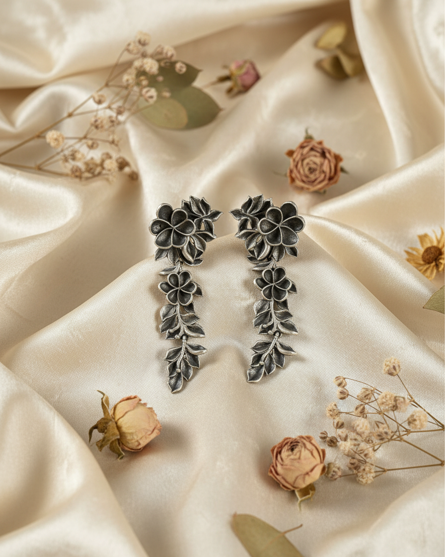 Naari Jewels Oxidized German Silver Rajasi Floral Falls Earrings