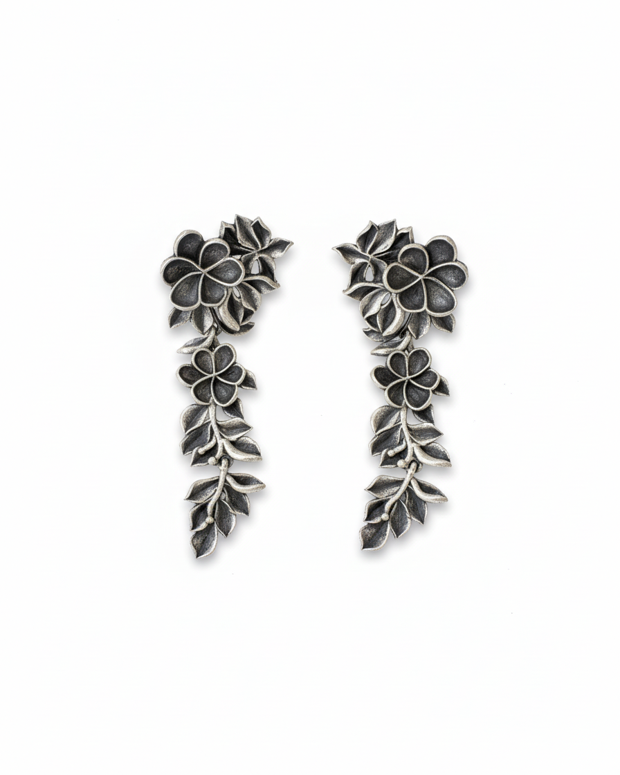 Naari Jewels Oxidized German Silver Rajasi Floral Falls Earrings