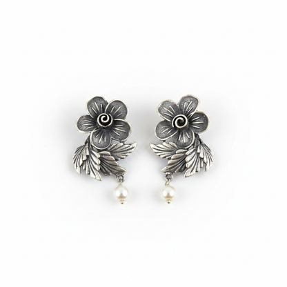 Naari Jewels Oxidised Germen Silver Flower Earrings with Leaf Pattern and Pearl Drop Earring | Ethnic Jewellery for Women
